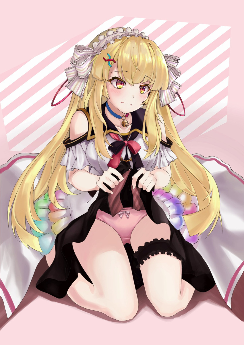 1girl bare_shoulders bell black_skirt blonde_hair blush bow bow_panties breasts character_request clothes_lift hair_ornament highres medium_breasts neck_bell original panties pink_panties ripnte sitting skirt skirt_lift solo underwear x_hair_ornament yellow_eyes