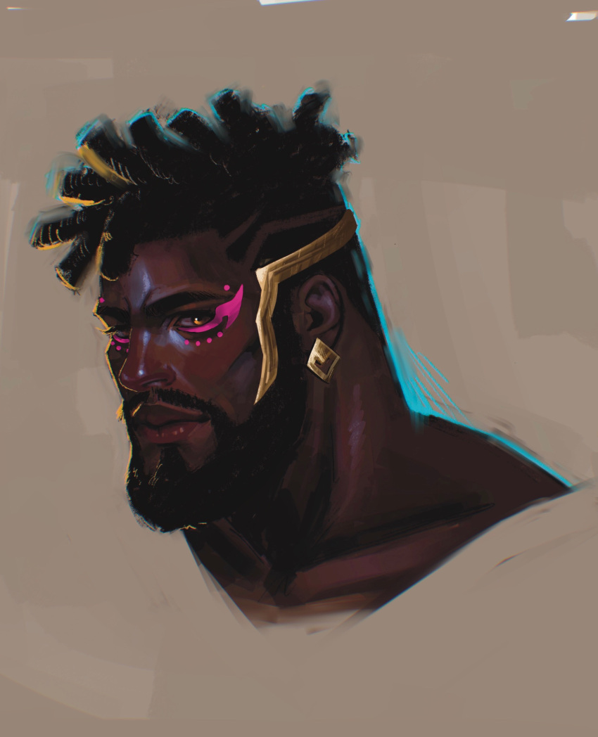 1boy absurdres beard black_hair brown_eyes cropped_shoulders crown dark-skinned_male dark_skin dinomercuri dreadlocks earrings eyeshadow facial_hair highres jewelry k'sante_(league_of_legends) league_of_legends looking_at_viewer makeup male_focus mature_male muscular muscular_male mustache prestige_empyrean_k'sante short_hair solo thick_eyebrows thick_lips very_dark_skin