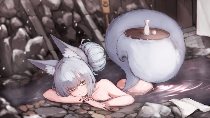 1girl absurdres animal_ear_fluff animal_ears ass bath bathing choko_(cup) completely_nude cup fox_ears fox_girl fox_tail grey_hair hair_bun highres holding holding_tray looking_at_viewer nail_polish nude onsen onsen_symbol original outdoors partially_submerged rock snowing solo tail thick_eyebrows tokkuri tray water yaho_nyan yellow_eyes