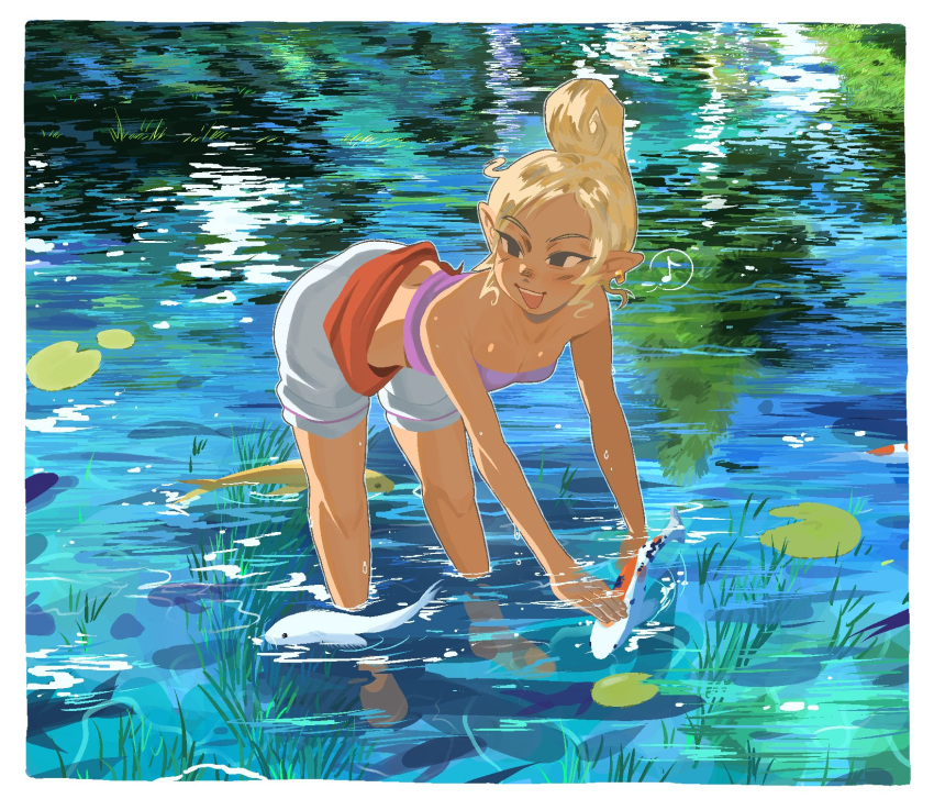 1girl animal bare_shoulders barefoot bent_over black_eyes blonde_hair blush chzzei dark-skinned_female dark_skin earrings fish gold_earrings grass highres holding holding_animal holding_fish in_water jewelry koi lily_pad looking_to_the_side musical_note open_mouth pointy_ears purple_tube_top red_sash reflection reflective_water sash shorts smile solo spoken_musical_note strapless teeth tetra the_legend_of_zelda tube_top updo upper_teeth_only white_shorts