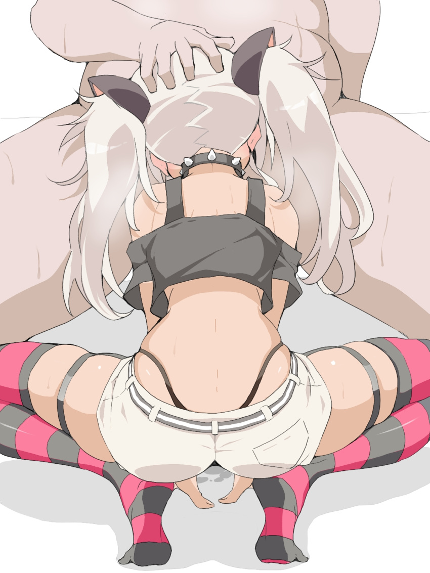 1boy 1girl black_collar black_thighhighs clothed_female_nude_male collar commentary_request commission crop_top fellatio from_behind grey_hair hand_on_another's_head hetero highres long_hair matsukai_mao matsukai_mao_(1st_costume) nijisanji nude ohako oral pixiv_commission red_thighhighs shorts spiked_collar spikes squatting striped striped_hair striped_thighhighs thighhighs twintails two-tone_thighhighs virtual_youtuber white_shorts