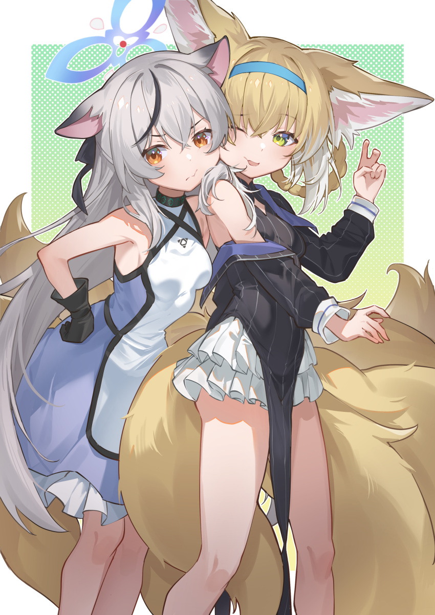 2girls absurdres animal_ears arknights bare_shoulders black_collar black_dress black_gloves black_hair black_jacket blonde_hair blue_archive blue_hairband blue_halo braid breasts brown_eyes china_dress chinese_clothes cleavage_cutout closed_mouth clothing_cutout collar commentary dated_commentary dress english_commentary feet_out_of_frame fox_ears fox_girl fox_tail frilled_skirt frills gloves green_eyes grey_hair gus1999 hair_ribbon hairband halo hand_on_hip hand_up highres infection_monitor_(arknights) jacket jacket_partially_removed kitsune kokona_(blue_archive) kyuubi leaning_forward long_hair long_sleeves looking_at_viewer multicolored_clothes multicolored_dress multicolored_hair multiple_girls multiple_tails parted_lips pelvic_curtain pout purple_dress ribbon short_dress side_slit sidelocks skirt sleeveless sleeveless_dress small_breasts standing streaked_hair striped striped_dress suzuran_(arknights) tail two-tone_dress two-tone_hair vertical-striped_dress vertical_stripes very_long_hair white_dress white_hair wide_sleeves
