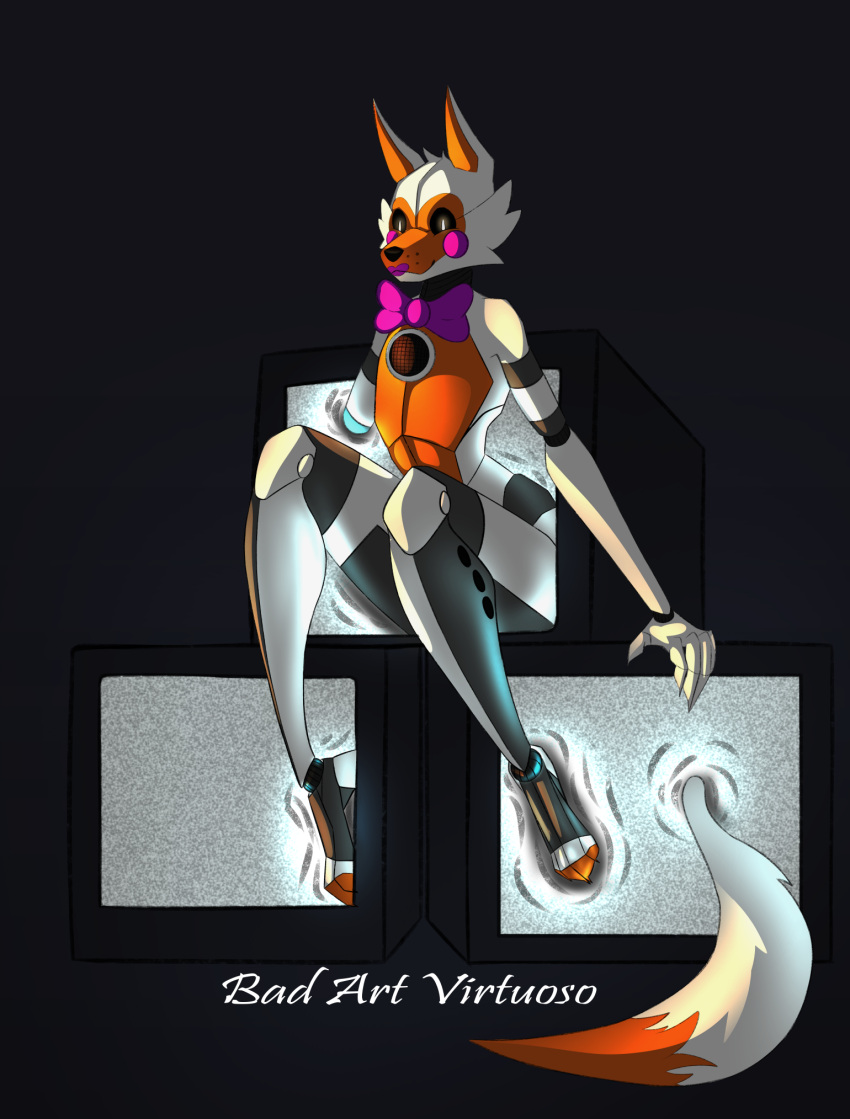 ambiguous_gender animatronic anthro badartvirtuoso bow_tie canid canine feet five_nights_at_freddy's five_nights_at_freddy's_world fox glowing glowing_eyes hi_res lipstick lolbit_(fnaf) looking_at_viewer machine makeup mammal robot scottgames screen simple_background sitting solo speaker text