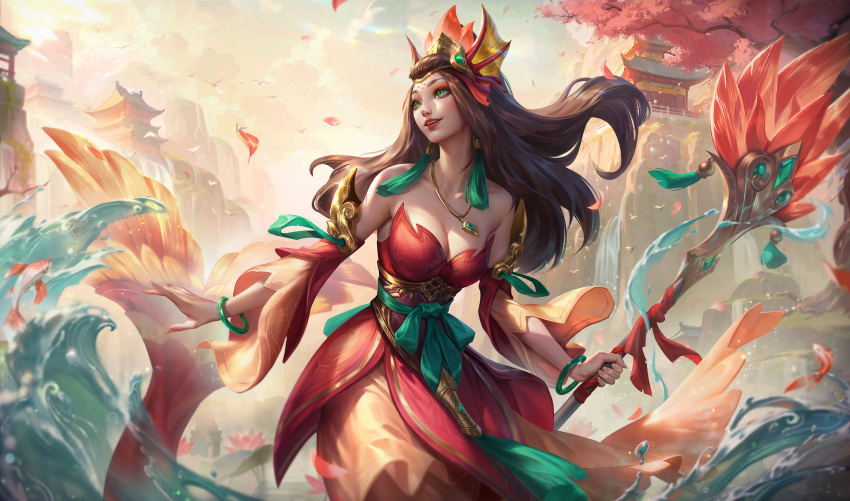 1girl absurdres bare_shoulders black_hair bracelet breasts chinese_commentary cleavage cloud collarbone cowboy_shot detached_sleeves earrings eyeshadow fingernails fish green_eyes hair_ornament highres holding holding_staff jewelry large_breasts league_of_legends light_particles long_hair looking_to_the_side makeup nami_(league_of_legends) official_alternate_costume official_alternate_hairstyle outdoors qi_mang_(qimang) sidelocks sky smile solo splashing splendid_staff_nami staff sunlight teeth temple tree upper_teeth_only water waterfall