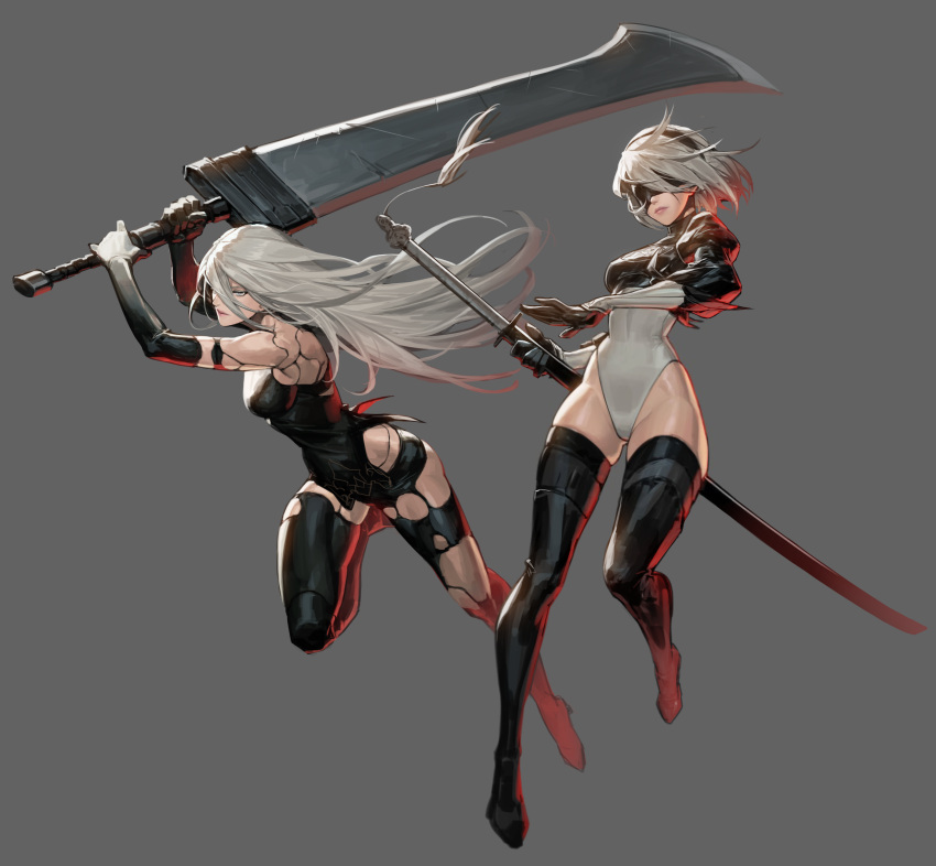 2girls absurdres armlet beastlord_(sword) black_blindfold black_gloves black_hairband black_shorts blindfold boots cleavage_cutout clothing_cutout commentary covered_eyes elbow_gloves feather-trimmed_sleeves gloves hairband haje highleg highleg_leotard highres holding holding_sword holding_weapon joints juliet_sleeves leotard long_hair long_sleeves multiple_girls nier:automata nier_(series) pink_lips puffy_sleeves robot_joints science_fiction short_hair short_shorts shorts swinging sword tank_top thigh_boots thighhighs thighhighs_under_boots turtleneck turtleneck_leotard vambraces virtuous_contract weapon white_hair white_leotard yorha_no._2_type_b yorha_type_a_no._2