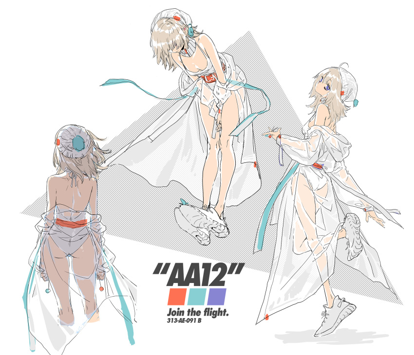 1girl aa-12_(girls'_frontline) ahoge belt breasts bright_pupils character_name cleavage closed_mouth english_text girls'_frontline grey_hair highres holding_sewing_needle long_sleeves multiple_views one-piece_swimsuit red_belt see-through_coat shoes short_hair silverwing sneakers swimsuit triangle white_background white_footwear white_headwear white_one-piece_swimsuit white_pupils