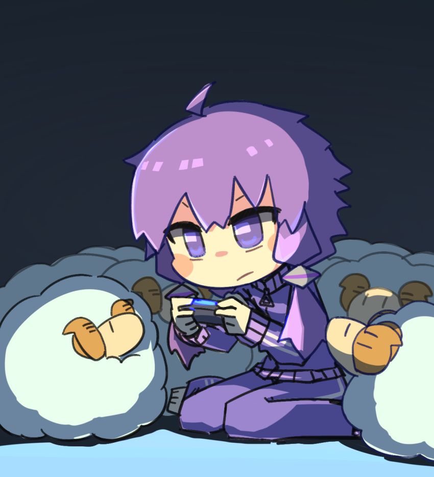 1girl ahoge alternate_costume black_background blush_stickers chibi closed_mouth commentary_request concentrating controller dualshock eye_reflection frown full_body game_controller gamepad highres holding holding_controller holding_game_controller konohoshi light looking_ahead looking_at_another multiple_sources playing_games playstation_controller purple_hair purple_track_suit reflection sheep short_hair_with_long_locks solo too_many track_suit vocaloid voiceroid yuzuki_yukari