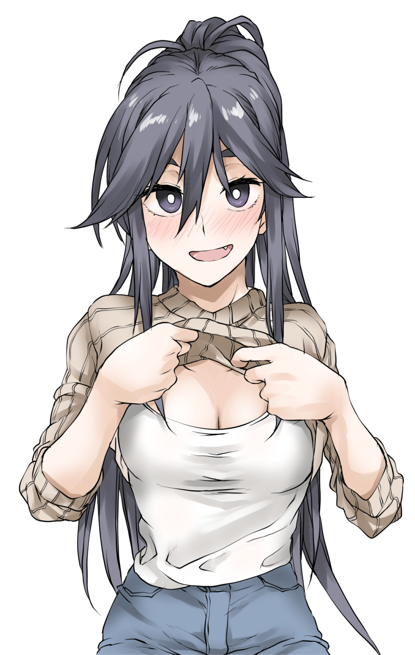 1girl black_hair blue_shorts blush breasts brown_sweater cleavage cowboy_shot denim denim_shorts elf_(stroll_in_the_woods) fang hair_between_eyes hasunuma_koyomi highres large_breasts lifted_by_self long_hair long_sleeves looking_at_viewer open_mouth ponytail raised_eyebrows ribbed_sweater shirt shorts sidelocks simple_background sleeveless sleeveless_shirt solo straight-on sweater tank_top textless_version white_background white_tank_top zatsu_tabi