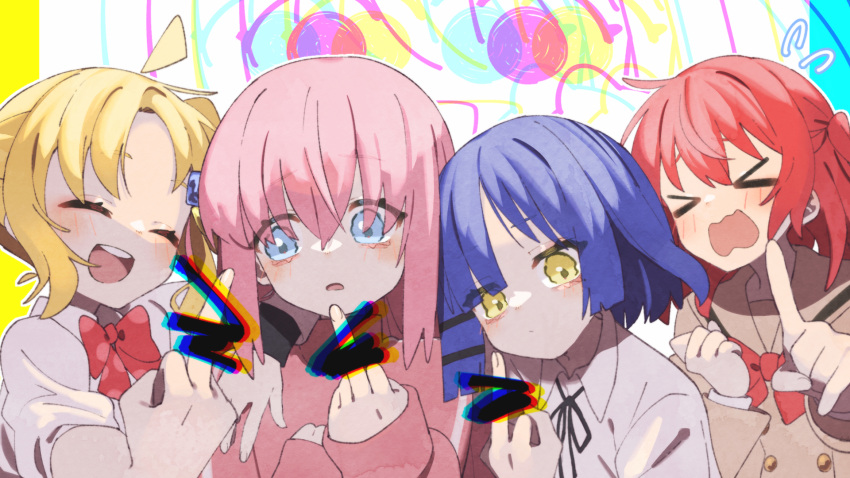 4girls ahoge black_ribbon blonde_hair blue_background blue_eyes blue_hair blunt_bangs blush bocchi_the_rock! bow bowtie brown_sailor_collar brown_serafuku censored chibi chromatic_aberration clenched_hand closed_eyes closed_mouth commentary_request expressionless floating_hair flying_sweatdrops gotoh_hitori hair_bobbles hair_ornament hairclip hand_on_own_chest hand_up highres ijichi_nijika index_finger_raised jacket kita_ikuyo leaning_on_person long_hair long_sleeves looking_at_another looking_at_viewer looking_to_the_side medium_hair middle_finger multicolored_background multiple_girls nani_ga_warui neck_ribbon one_side_up open_mouth outstretched_arm pink_jacket pointless_censoring polka_dot_bowtie projected_inset red_bow red_bowtie red_hair ribbon sailor_collar school_uniform serafuku shirt side-by-side sidelocks smile umi_painter wavy_eyes wavy_mouth white_shirt yamada_ryo yellow_background