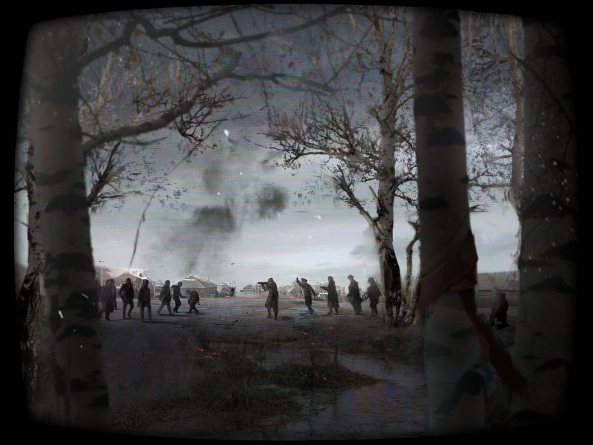 6+others aiming bare_tree black_border boots border building coat commentary_request day facing_another facing_down facing_to_the_side framed full_body garrison_cap gradient_sky grey_sky grey_theme gun hand_up hat hearts_of_iron highres holding holding_gun holding_weapon jacket long_sleeves military military_hat military_uniform multiple_others nkvd officer ordiel2417 outdoors pants peaked_cap puddle rounded_corners scanlines scenery sky smoke soldier soviet standing tree uniform walking water weapon white_sky world_war_ii