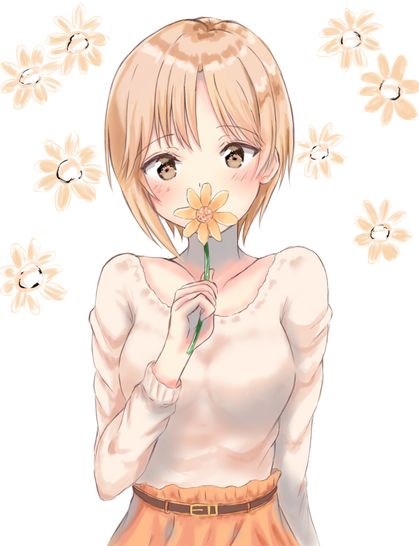 1girl aiba_yumi blush breasts collarbone covered_mouth floral_background flower highres holding holding_flower idolmaster idolmaster_cinderella_girls light_brown_hair looking_at_viewer medium_breasts orange_skirt shirt skirt solo tamaao_(tamaao31241) white_shirt