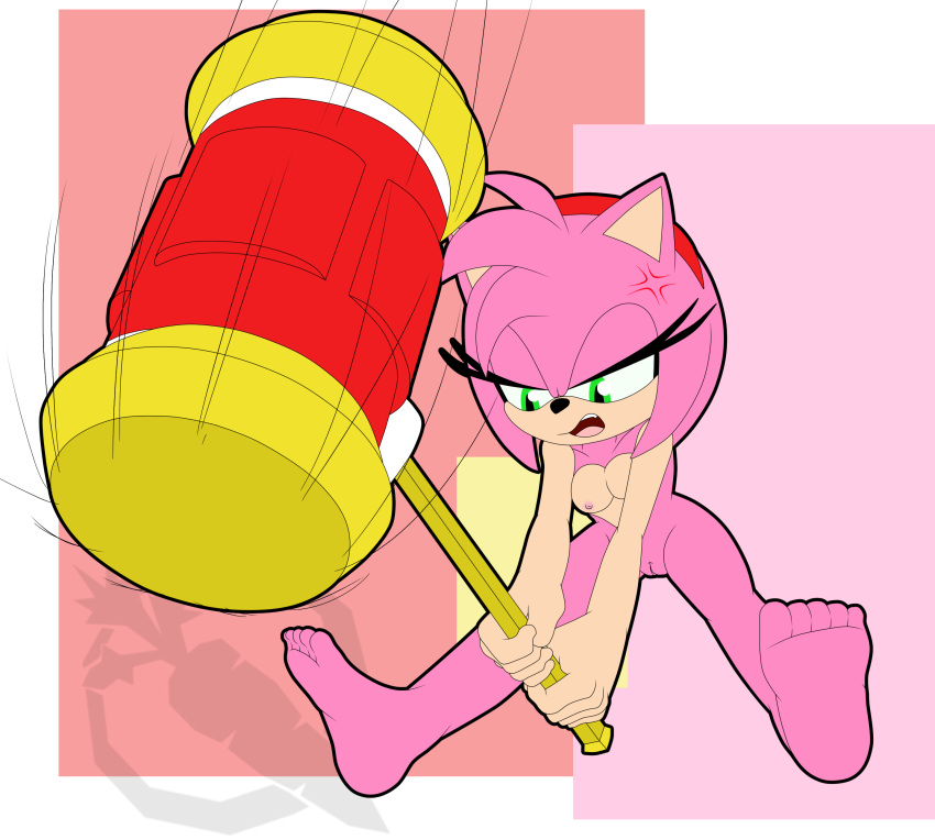 2022 absurd_res amy_rose annoyed anthro breasts cross-popping_vein eulipotyphlan feet female fur genitals green_eyes hair hedgehog hi_res mammal nipples no_shoes ogthecarrot open_mouth piko_piko_hammer pink_body pink_fur pink_hair pussy sega solo sonic_the_hedgehog_(series) toes