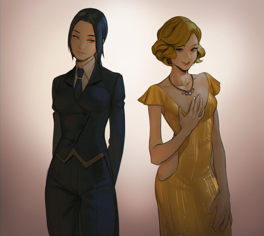 2girls abbystea androgynous arms_behind_back black_hair black_jacket black_necktie black_pants blonde_hair blue_eyes breasts commentary_request dress earrings highres jacket jewelry long_hair multiple_girls necklace necktie open_mouth original pants ponytail short_hair side_slit skinny small_breasts smile the_sims yellow_dress