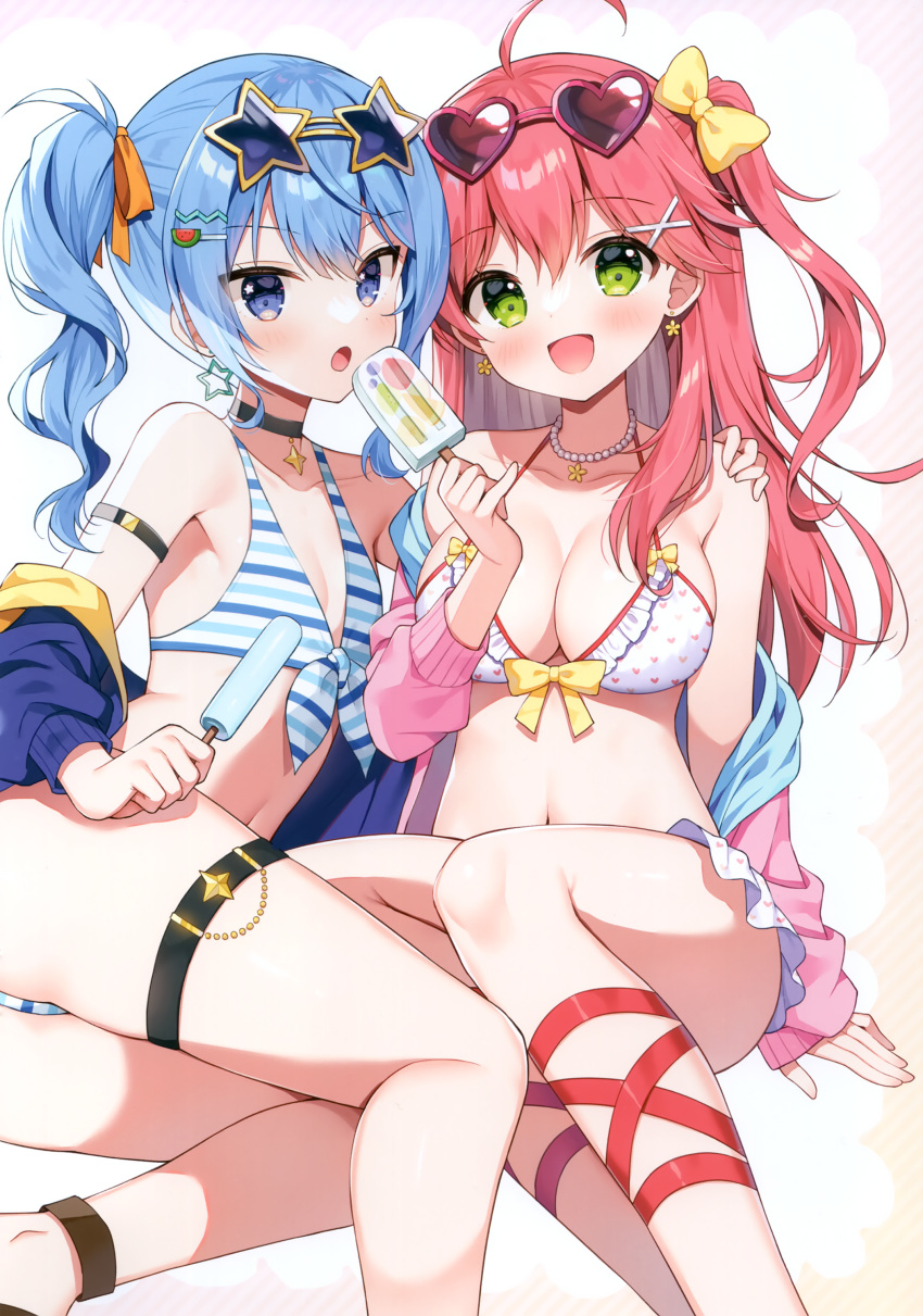 2girls :d :o absurdres ahoge ass bare_shoulders bikini black_choker blue_eyes blue_hair blue_jacket blush bow bow_bikini breasts choker cleavage eyewear_on_head food green_eyes hair_between_eyes hair_bow hair_ornament hairclip hand_on_another's_shoulder heart heart-shaped_eyewear heart_bikini highres holding holding_food hololive hoshimachi_suisei ice_cream jacket long_hair looking_at_viewer mauve medium_breasts multiple_girls off_shoulder one_side_up open_clothes open_jacket pink_jacket popsicle purple-framed_eyewear red_hair sakura_miko scan side_ponytail small_breasts smile star-shaped_eyewear star_(symbol) striped striped_bikini sunglasses swimsuit very_long_hair virtual_youtuber white_bikini x_hair_ornament yellow-framed_eyewear yellow_bow