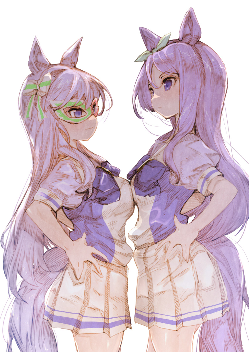 2girls absurdres animal_ears aqua_bow asymmetrical_docking bow bowtie breast_press commentary cowboy_shot domino_mask ear_bow extra from_side giaggiolo_(umamusume) green_bow green_mask hands_on_own_hips height_difference highres horse_ears horse_girl horse_tail long_hair look-alike loose_hair_strand mask mejiro_mcqueen_(umamusume) multiple_girls pleated_skirt puffy_short_sleeves puffy_sleeves purple_bow purple_bowtie purple_eyes purple_hair purple_shirt red_mask sailor_collar sailor_shirt school_uniform shirt short_sleeves sidelocks simple_background skirt striped striped_bow tail tracen_school_uniform umamusume usapenpen2019 white_bow white_sailor_collar white_skirt
