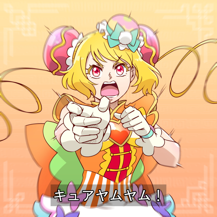 1girl back_bow blonde_hair bob_cut bow brooch bun_cover cure_yum-yum delicious_party_precure dress fighting_stance frown gloves gosei_sentai_dairanger hair_bun hanamichi_ran heart_brooch highres huge_bow jewelry looking_at_viewer open_mouth orange_background orange_bow orange_dress precure red_eyes satou_yasu short_hair sleeveless sleeveless_dress solo super_sentai triple_bun upper_body v-shaped_eyes white_gloves yellow_bow