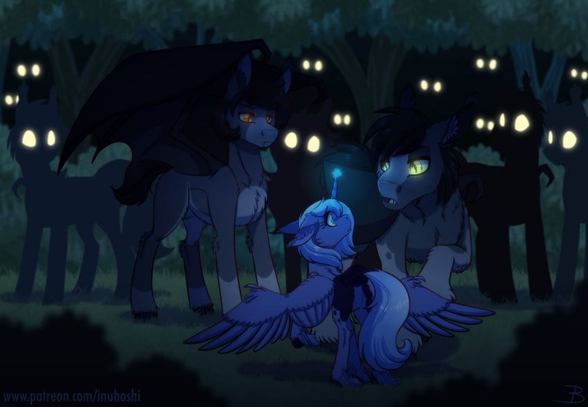 bat_pony blue_body blue_eyes blue_fur blue_tail equid equine forest friendship_is_magic fur glowing glowing_eyes hasbro horn inuhoshi-to-darkpen mammal my_little_pony plant princess_luna_(mlp) pupils s1_luna_(mlp) slit_pupils story story_in_description tail tree winged_unicorn wings