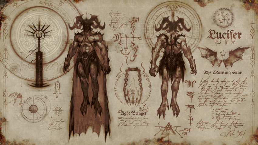 abs cape chain character_name demon_boy demon_horns from_behind full_body glowing glowing_eyes highres horns looking_at_viewer lucifer multiple_horns muscular muscular_male nate_rose original satan sword torn_cape torn_clothes weapon