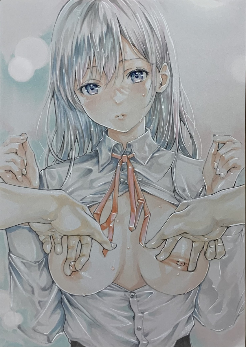 1boy 1girl blue_eyes breasts breasts_out collared_shirt grey_hair hands_up highres katsu_(24791909) long_hair looking_at_viewer medium_breasts neck_ribbon nipple_tweak nipples no_bra open_clothes open_shirt original partially_unbuttoned pov pov_hands red_ribbon ribbon shirt spread_nipple traditional_media upper_body wet white_shirt