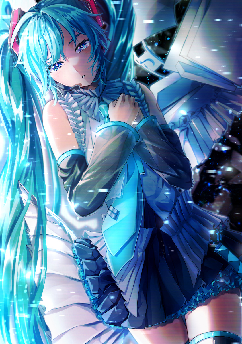 1girl absurdres aqua_hair black_sleeves blue_eyes detached_sleeves dutch_angle frilled_skirt frills grey_shirt hatsune_miku hatsune_miku_happy_16th_birthday_-dear_creators- headset highres long_hair looking_at_viewer necktie own_hands_together parted_lips pleated_skirt reiro_sakura shirt skirt sleeveless solo swept_bangs thighhighs thighs twintails very_long_hair vocaloid