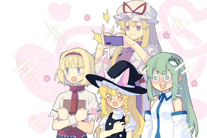 4girls :3 :d :o alice_margatroid animal_ears blush book braid capelet cellphone detached_sleeves fake_animal_ears frog_hair_ornament hair_ornament hairband hand_on_own_chest hat holding holding_book kirisame_marisa ko_kita kochiya_sanae mob_cap multiple_girls phone smartphone smile snake_hair_ornament taking_picture touhou witch_hat yakumo_yukari