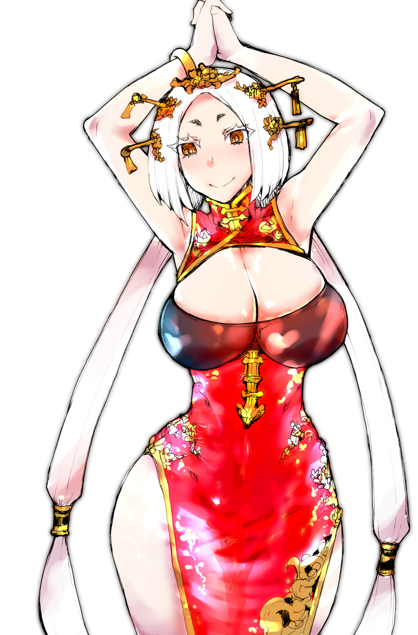 1girl absurdres armored_core armored_core_6 arms_up bare_shoulders bracelet breasts china_dress chinese_clothes cleavage dafeng_nyan-nyan dress hair_ornament highres jewelry kikuta long_hair orange_eyes sleeveless smile solo transparent_background twintails very_long_hair white_hair