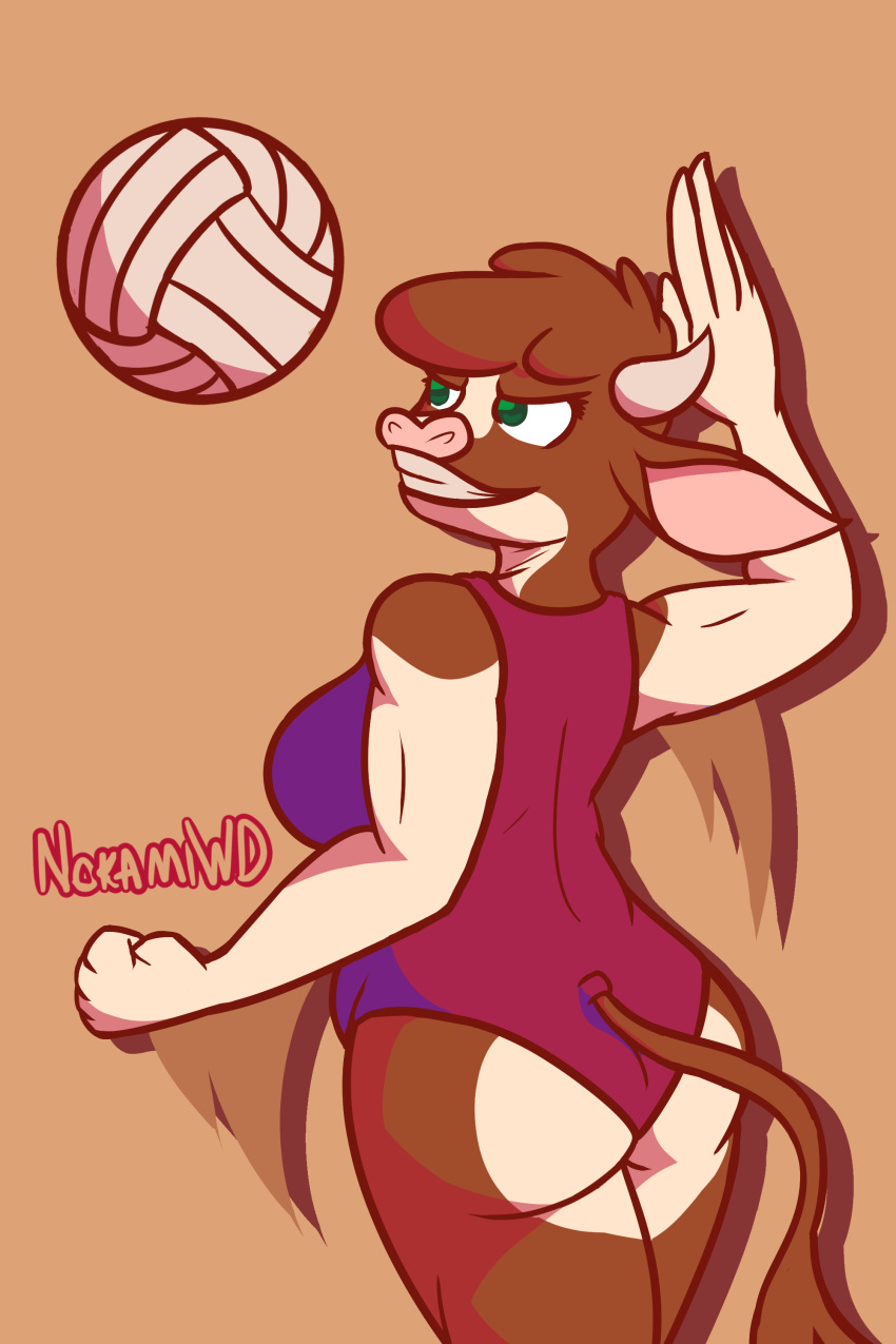 2:3 absurd_res anthro arizona_cow_(tfh) ball big_breasts bovid bovine breasts cattle clothing female hereford_cattle hi_res huge_breasts jumping mammal multicolored_body muscular muscular_female nokamiwd one-piece_swimsuit simple_background slightly_chubby smile solo swimwear them's_fightin'_herds thick_thighs two_tone_body volleyball_(ball)