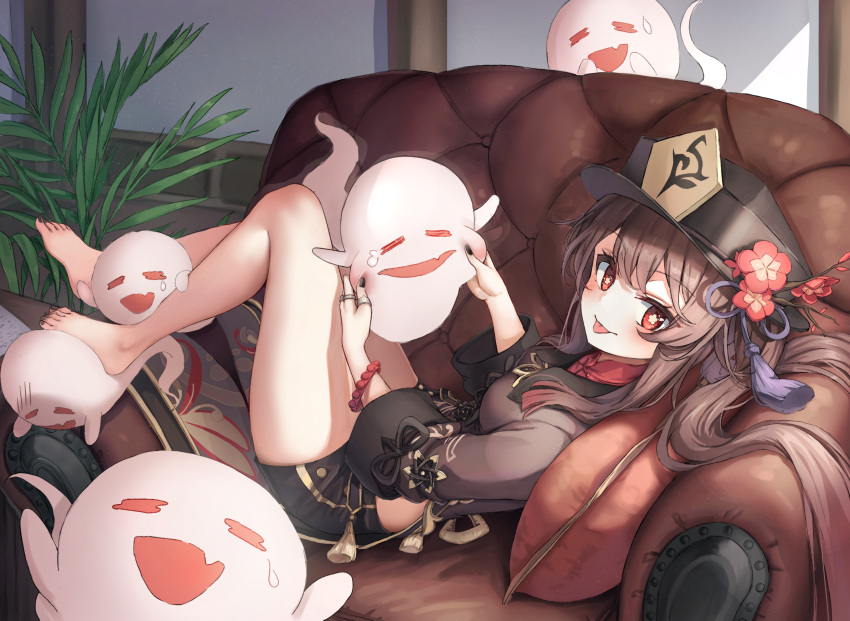 1girl :d :p bare_legs barefoot black_headwear black_nails black_shorts blush boo_tao_(genshin_impact) bracelet breasts brown_hair brown_shirt cheek_pinching chinese_clothes chirang commentary couch fang feet flower full_body genshin_impact ghost hat hat_flower highres hu_tao_(genshin_impact) indoors jewelry long_hair long_sleeves looking_at_viewer looking_to_the_side lying medium_breasts multiple_rings nail_polish on_back on_couch open_mouth pinching plant red_eyes red_flower revision ring shirt short_shorts shorts skin_fang smile solo tassel thumb_ring toenail_polish toenails tongue tongue_out twintails white_background