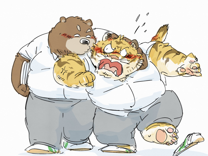 2023 anthro bear belly big_belly blush bottomwear brown_body clothing duo feet felid footwear hi_res kemono male mammal overweight overweight_male pantherine pants pommn_mn sandals shirt surprise tiger topwear