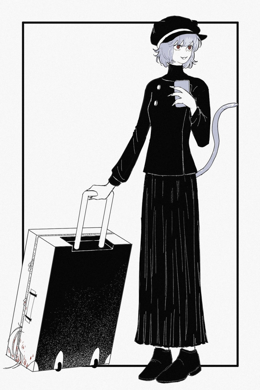1other androgynous animal_ears black_shirt black_skirt blood brown_eyes cabbie_hat cat_ears cat_tail cellphone chimera_ant fingernails full_body hat highres holding holding_luggage holding_phone holding_suitcase hunter_x_hunter long_skirt long_sleeves looking_to_the_side neferpitou other_focus partially_colored phone rolling_suitcase shirt short_hair simple_background skirt smartphone smile solo suitcase tail white_background white_hair ybmghj222
