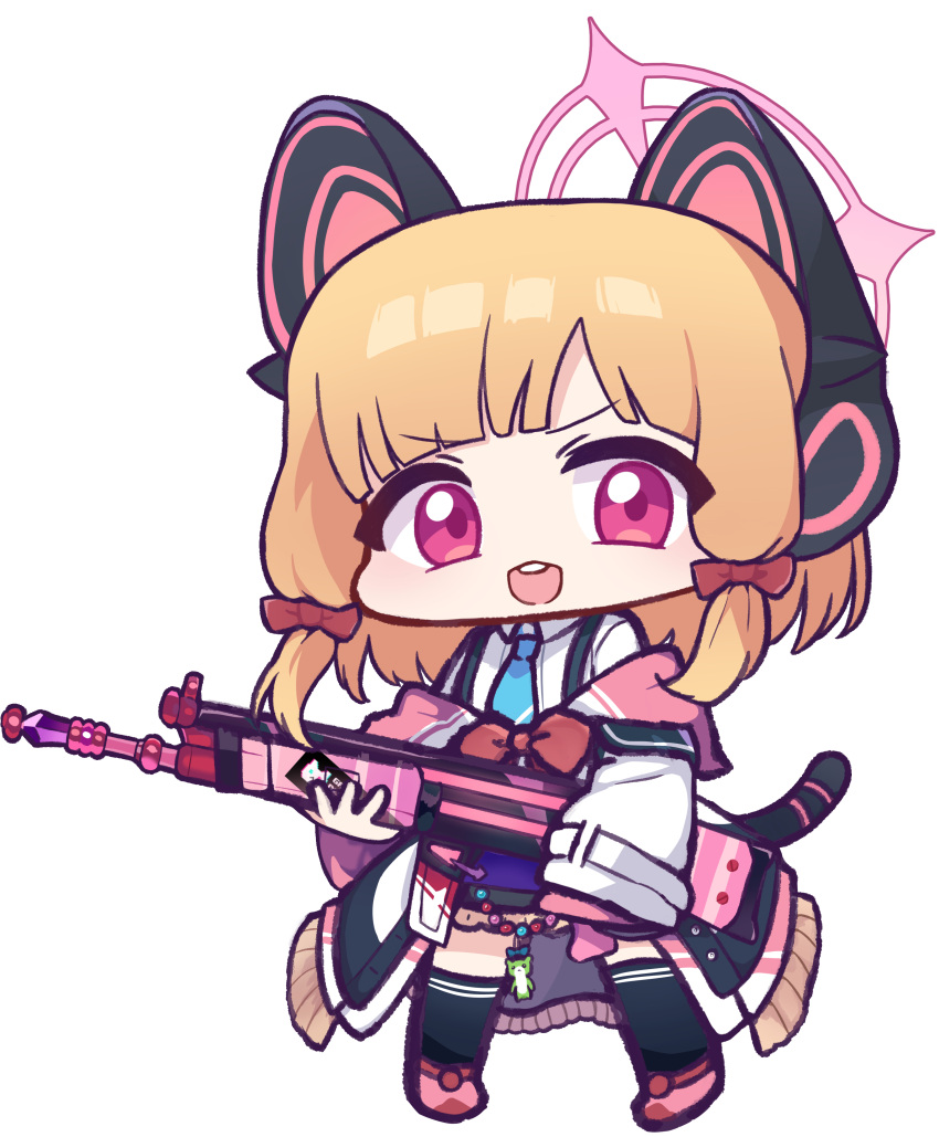1girl :d absurdres animal_ear_headphones animal_ears assault_rifle battle_rifle black_skirt black_thighhighs blonde_hair blue_archive blue_necktie bow chibi collared_shirt commentary_request fake_animal_ears full_body gun h&amp;k_g3 hair_bow halo headphones highres holding holding_gun holding_weapon jacket long_sleeves looking_at_viewer momoi_(blue_archive) necktie off_shoulder panatisia pink_footwear purple_eyes red_bow rifle shirt shoes sidelocks simple_background skirt sleeves_past_wrists smile solo standing suspender_skirt suspenders tail teeth thighhighs upper_teeth_only v-shaped_eyebrows weapon white_background white_jacket white_shirt wide_sleeves