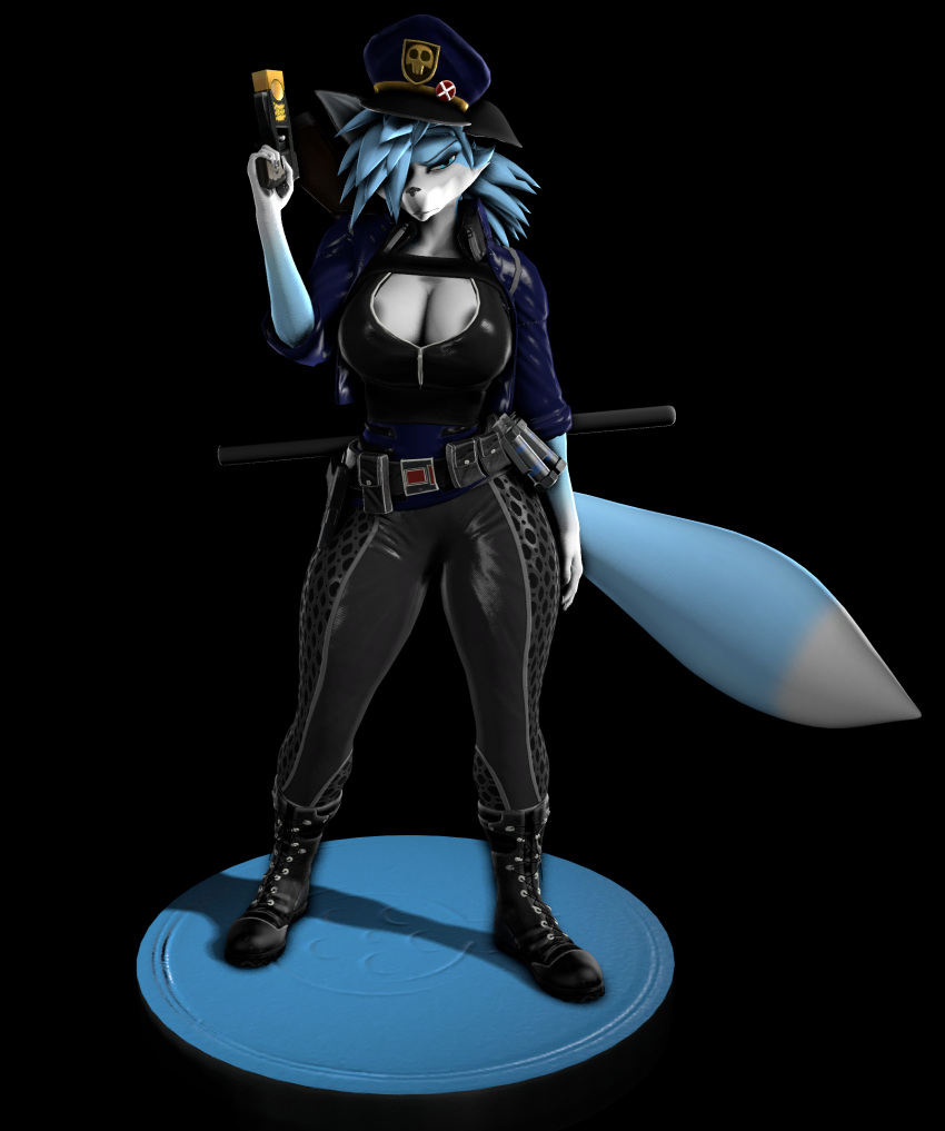 3d_(artwork) anthro areola belt blue_body blue_eyes blue_fur canid canine clothed clothing club_(weapon) cop_hat cop_uniform digital_media_(artwork) ears_down ears_up electroshock_weapon female fox fur glock_17 hair hat headgear headwear hi_res joelsfm kara_(joelsfm) mammal melee_weapon nightstick pivoted_ears solo source_filmmaker stun_gun tail taser warfare_machine weapon white_body white_fur