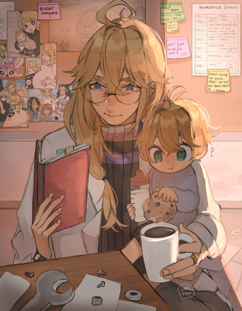 2boys absurdres aged_down blonde_hair book bottle coffee coffee_mug cookie crys_(xenoblade) cup dadeltan dunban_(xenoblade) english_commentary english_text father_and_son fiora_(xenoblade) fish food glasses hair_between_eyes highres holding holding_book juju_(xenoblade) kino_(xenoblade) lab_coat male_child melia_antiqua milk_bottle mug multiple_boys nene_(xenoblade) office photo_(object) pregnant reyn_(xenoblade) riki_(xenoblade) schedule sharla_(xenoblade) sticky_note sweater turtleneck turtleneck_sweater xenoblade_chronicles_(series) xenoblade_chronicles_3 xenoblade_chronicles_3:_future_redeemed