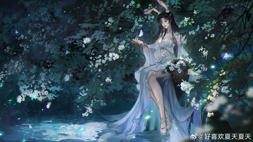 1girl absurdres artist_request asymmetrical_sleeves basket black_hair bug butterfly closed_mouth douluo_dalu dress earrings flower foliage full_body glowing_butterfly hair_ornament high_heels highres jewelry long_hair reflection second-party_source sitting solo water white_dress white_flower xiao_wu_(douluo_dalu)