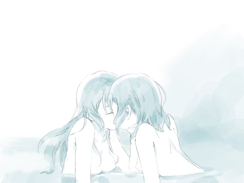 2girls aqua_theme bang_dream! bath closed_eyes highres hikawa_hina hikawa_sayo incest kiss long_hair medium_hair monochrome multiple_girls nichiju_(you) nude shared_bathing siblings sisters twincest twins yuri