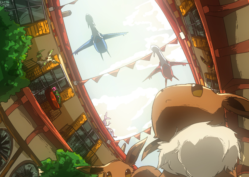 animal_focus building cloud colored_sclera eevee espeon flying foliage from_below glowing kura_(shironagasu02) latias latios leafeon looking_up no_humans outdoors pokemon pokemon_(creature) sky tree umbreon white_hair windowsill