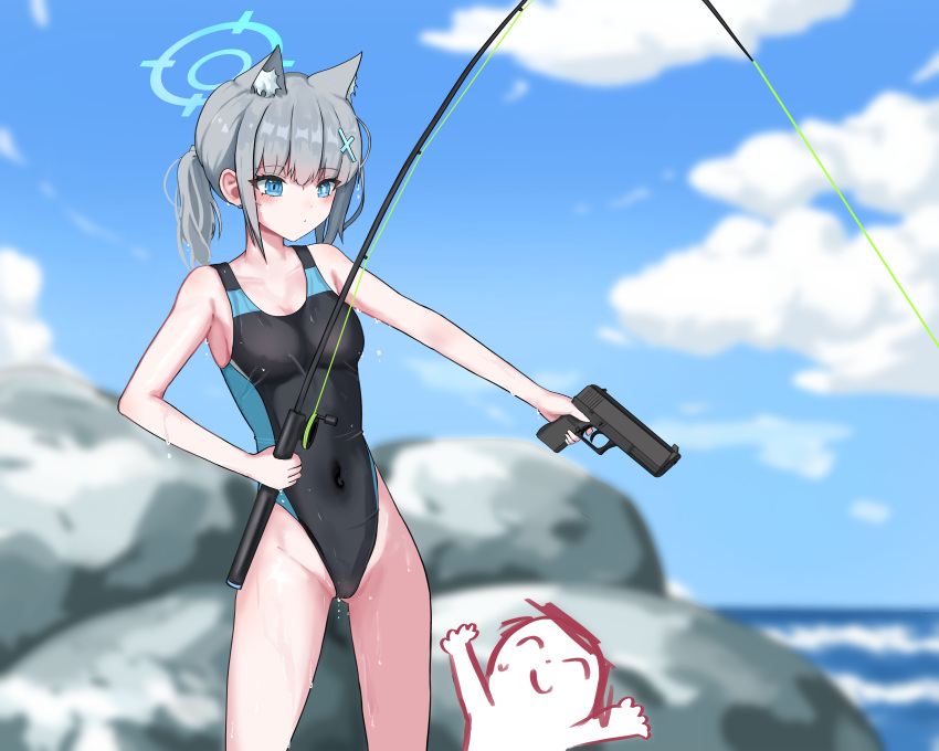 1boy 1girl absurdres animal_ear_fluff animal_ears arona's_sensei_doodle_(blue_archive) black_one-piece_swimsuit blue_archive blue_eyes blue_sky blurry breasts cloud commentary_request competition_swimsuit covered_navel cross_hair_ornament daily_time day extra_ears fishing_rod grey_hair gun hair_ornament halo handgun highres horizon korean_commentary low_ponytail medium_breasts medium_hair mismatched_pupils multicolored_clothes multicolored_swimsuit ocean official_alternate_costume one-piece_swimsuit outdoors rock sensei_(blue_archive) shiroko_(blue_archive) shiroko_(swimsuit)_(blue_archive) sky standing swimsuit weapon weapon_request wet wet_clothes wet_swimsuit wolf_ears