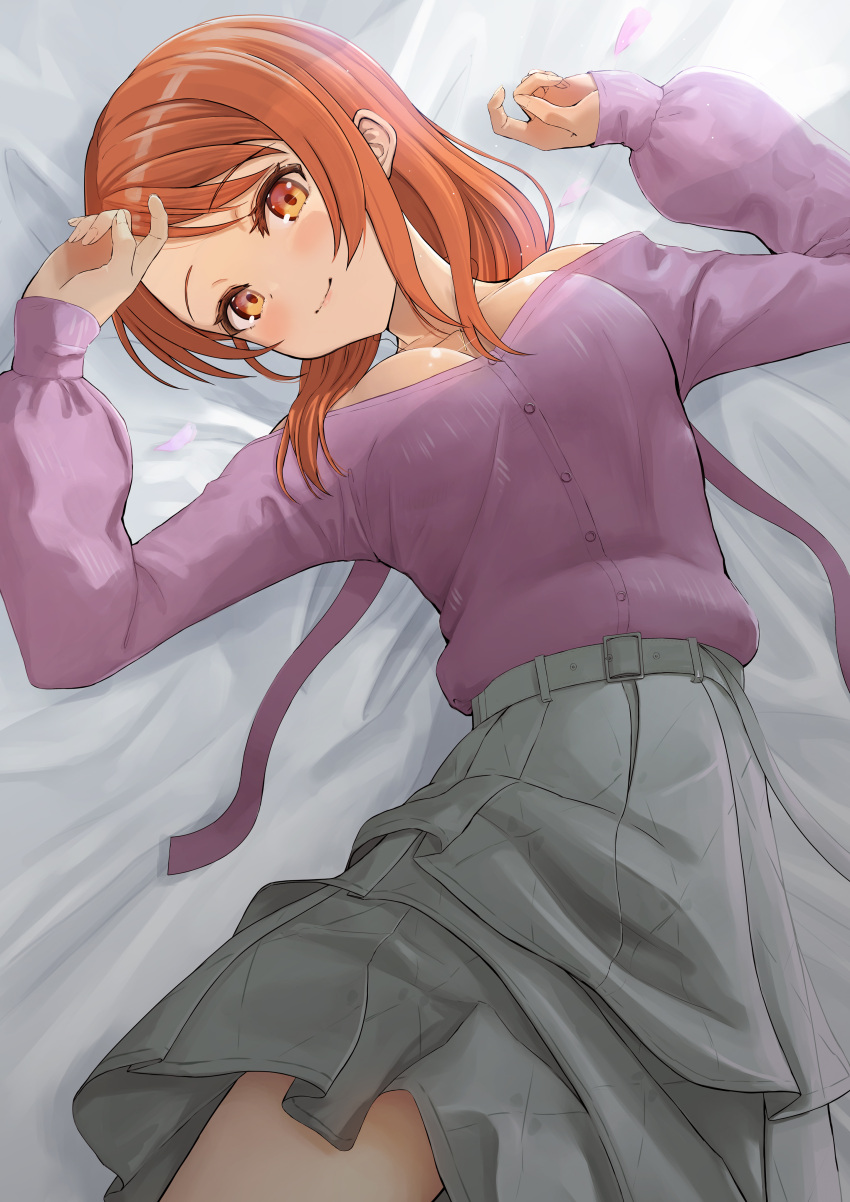 1girl absurdres bed_sheet breasts brown_eyes brown_hair buttons cleavage commentary_request eyelashes grey_skirt hands_up highres hojo_karen idolmaster idolmaster_cinderella_girls jewelry light_blush long_hair long_sleeves looking_at_viewer lying medium_breasts necklace on_back on_bed petals purple_shirt sasasa_r_23 shirt sidelocks skirt smile solo strapless strapless_shirt sunlight