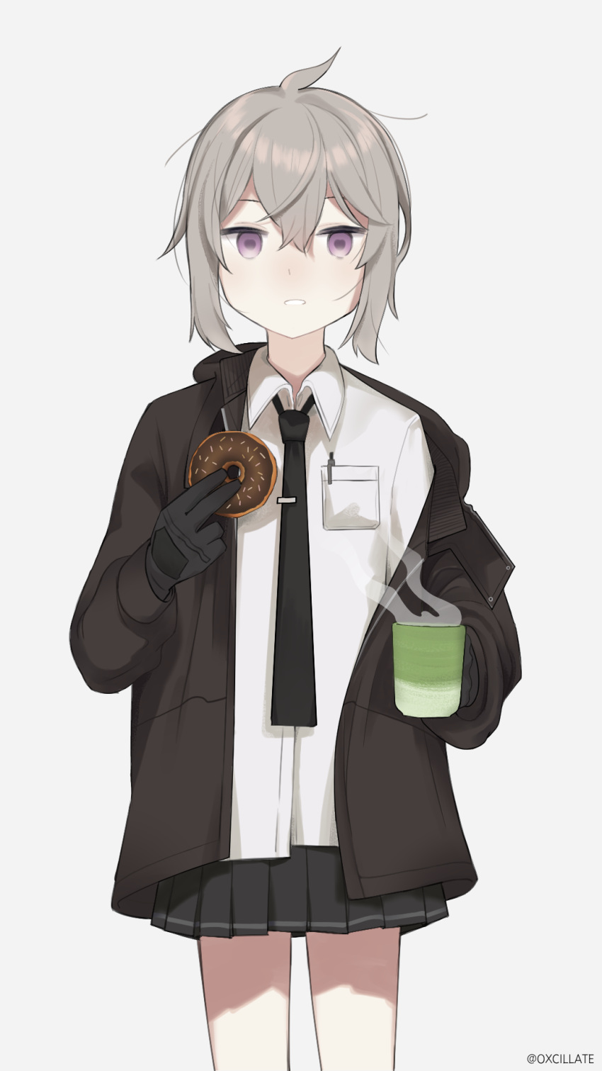 ahoge artist_request black_gloves coffee coffee_cup cup disposable_cup doughnut food girls'_frontline gloves green_eyes highres jacket m200_(girls'_frontline) miniskirt open_clothes open_jacket oxcillate pen pocket shirt skirt tie_clip white_background white_shirt