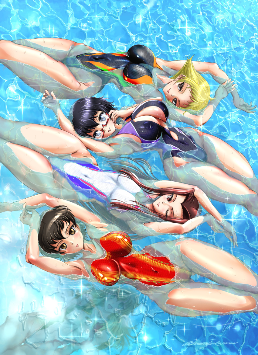 5girls absurdres afloat arm_up arms_up ass_visible_through_thighs black_eyes black_hair black_one-piece_swimsuit blonde_hair breasts brown_eyes brown_hair caesar_(girls_und_panzer) carpaccio_(girls_und_panzer) cleavage_cutout closed_mouth clothing_cutout commentary_request competition_swimsuit covered_navel erwin_(girls_und_panzer) from_above girls_und_panzer highleg highleg_swimsuit highres large_breasts long_hair looking_at_another looking_at_viewer medium_breasts medium_hair multiple_girls no_headband no_headwear no_scarf one-piece_swimsuit one_eye_closed oryou_(girls_und_panzer) pointy_hair red-framed_eyewear red_one-piece_swimsuit saemonza_(girls_und_panzer) semi-rimless_eyewear short_hair side-by-side smile sparkle swimsuit thigh_gap tomokoji under-rim_eyewear water wet white_one-piece_swimsuit