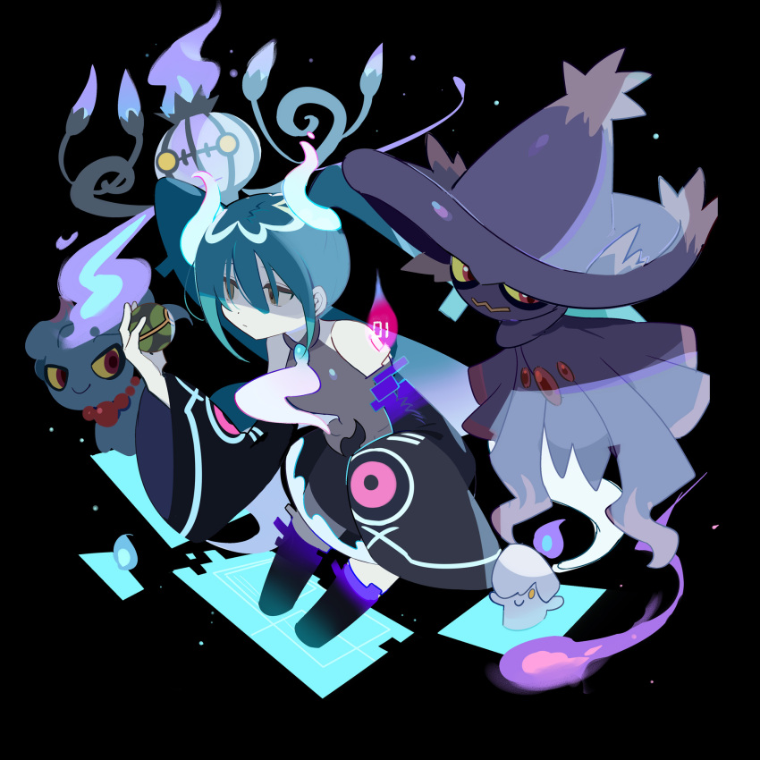 1girl black_background blue_hair chandelure detached_sleeves dusk_ball ghost_miku_(project_voltage) glitch gradient_hair grey_shirt hair_between_eyes hatsune_miku highres holding holding_poke_ball huasha litwick long_hair misdreavus mismagius multicolored_hair poke_ball pokemon pokemon_(creature) project_voltage purple_hair shirt simple_background skirt twintails very_long_hair vocaloid white_hair wide_sleeves