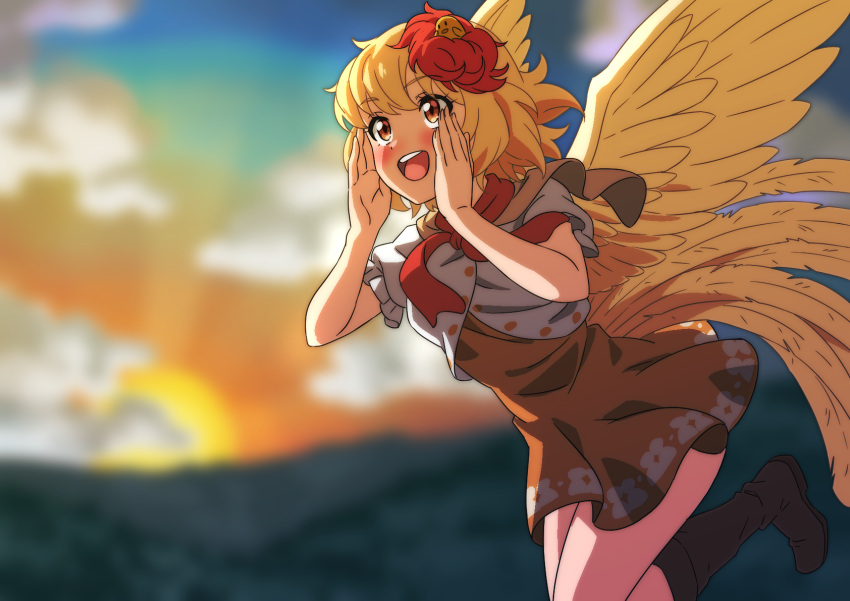 1girl animal animal_on_head bird bird_on_head bird_tail bird_wings blonde_hair blush boots brown_footwear chick dress feathered_wings fingernails gyouza_(mhea5724) highres multicolored_hair niwatari_kutaka on_head open_mouth orange_dress red_eyes red_hair shirt short_dress short_hair short_sleeves smile solo tail teeth touhou two-tone_hair upper_teeth_only white_shirt wings yellow_wings