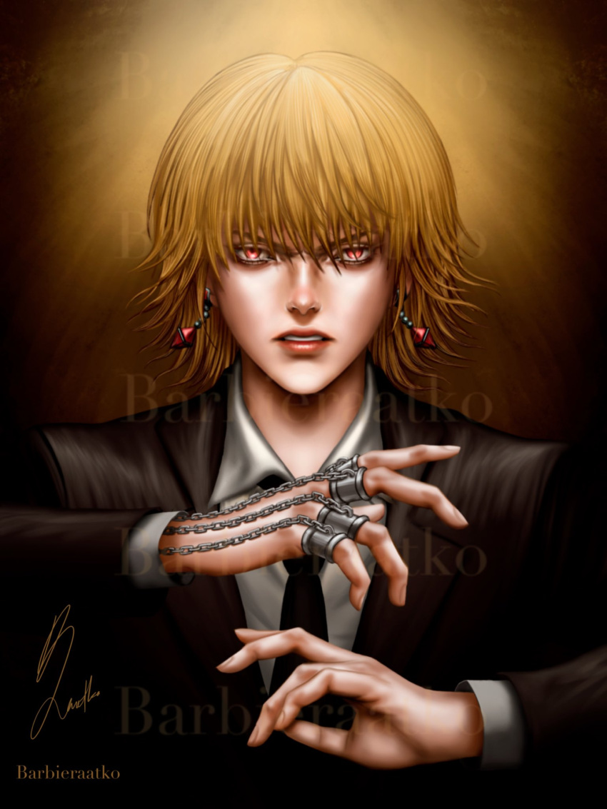 1other androgynous artist_name barbieraatko black_suit blonde_hair collared_shirt crystal_earrings earrings formal gradient_background highres hunter_x_hunter jewelry kurapika long_sleeves looking_at_viewer necktie nen_(hunter_x_hunter) red_eyes ring shirt short_hair signature solo suit thumb_ring upper_body watermark white_shirt yellow_background