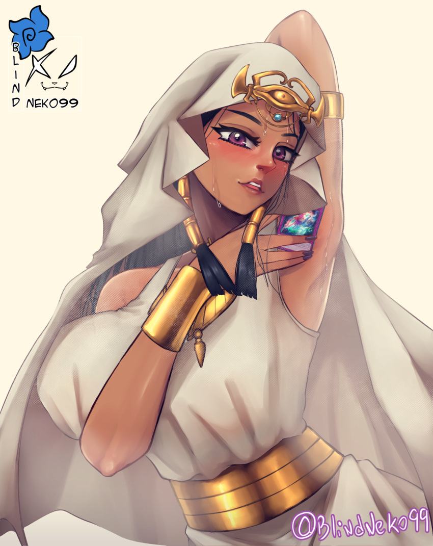 1girl arm_behind_head artist_name black_hair black_nails blindhunter99 blush card dark-skinned_female dark_skin egyptian eye_of_horus hair_tubes highres holding holding_card hood hood_up ishizu_ishtar long_hair looking_at_viewer parted_lips purple_eyes solo sweat upper_body yellow_background yu-gi-oh! yu-gi-oh!_duel_monsters