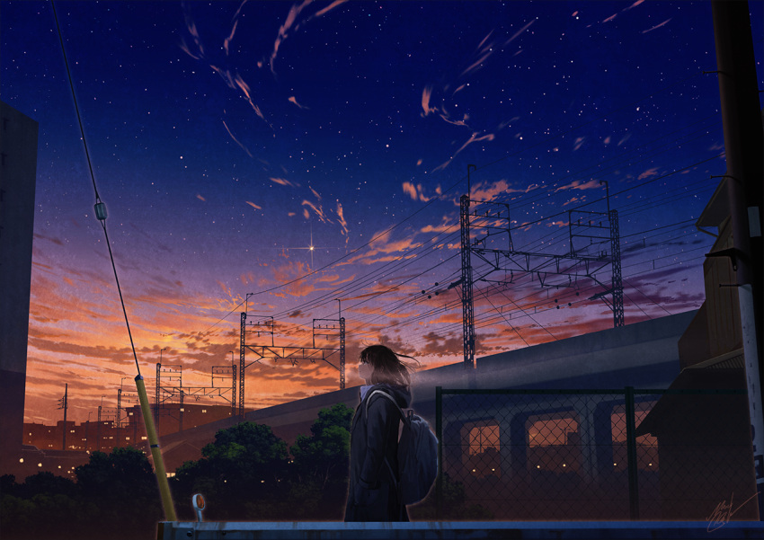 1girl backpack bag black_hair black_jacket breath bridge building bush chain-link_fence cloud commentary_request fence gradient_sky hood hood_down hooded_jacket jacket looking_up mocha_(cotton) original outdoors power_lines profile railing revision scenery sky solo standing star_(sky) starry_sky sunset