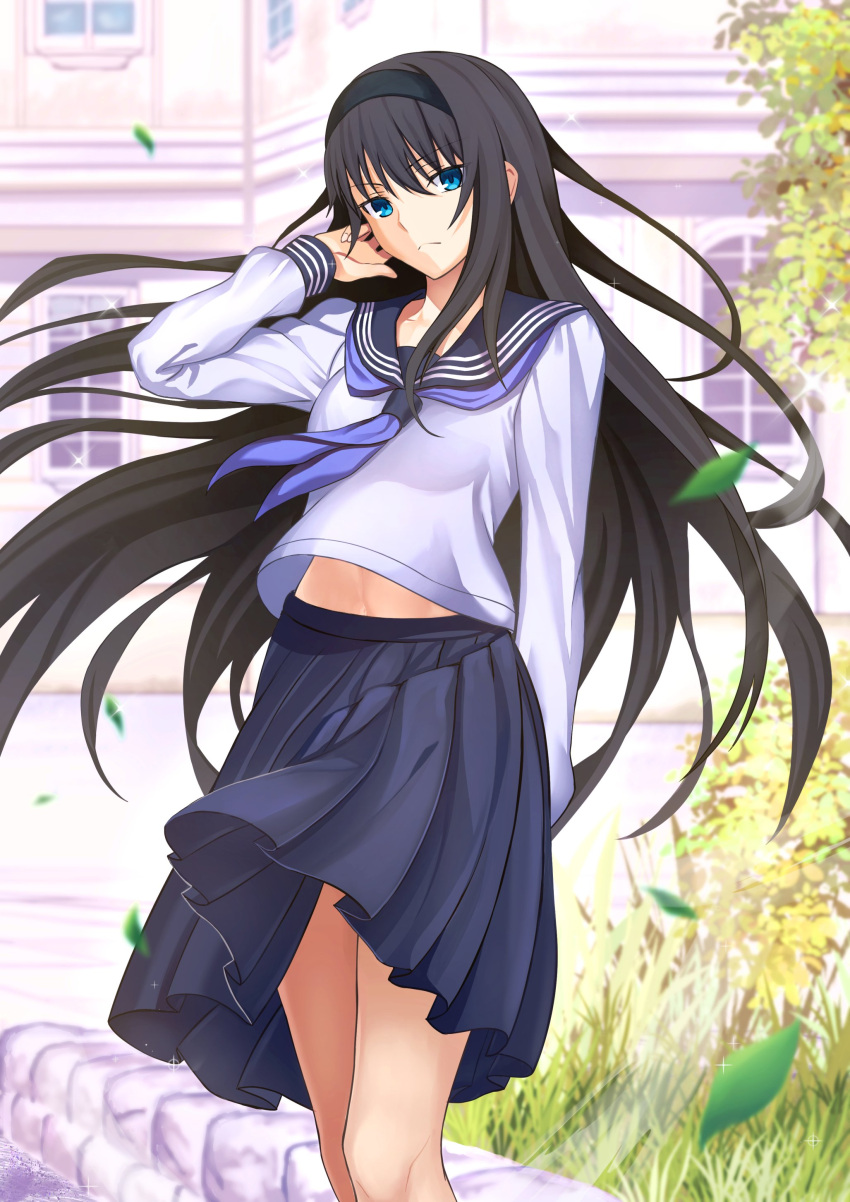 1girl absurdres black_hair black_hairband black_sailor_collar black_skirt blue_eyes breasts hairband harukey highres long_hair long_sleeves looking_at_viewer neckerchief plaid plaid_skirt sailor_collar school_uniform shirt skirt small_breasts solo thighs tohno_akiha tsukihime white_shirt