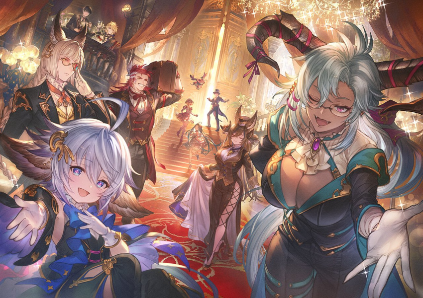 5boys 5girls adjusting_eyewear aglovale_(granblue_fantasy) ahoge animal_ears bangs black_dress black_jacket black_pants blonde_hair blue_eyes breasts brown_vest closed_eyes dark-skinned_female dark_skin djeeta_(granblue_fantasy) dragon dragon_horns draph dress erune ewiyar_(granblue_fantasy) fediel_(granblue_fantasy) flower-shaped_pupils galleon_(granblue_fantasy) glasses gloves gran_(granblue_fantasy) granblue_fantasy hair_ornament harvin hat high_heels horns jacket large_breasts long_hair lu_woh_(granblue_fantasy) minaba_hideo mini_dragon mini_hat multiple_boys multiple_girls official_art one_eye_closed open_clothes open_jacket pants purple_eyes red_hair smile symbol-shaped_pupils teeth tor_(granblue_fantasy) vest vyrn_(granblue_fantasy) wamdus_(granblue_fantasy) white_gloves white_hair wilnas_(granblue_fantasy) yellow_vest