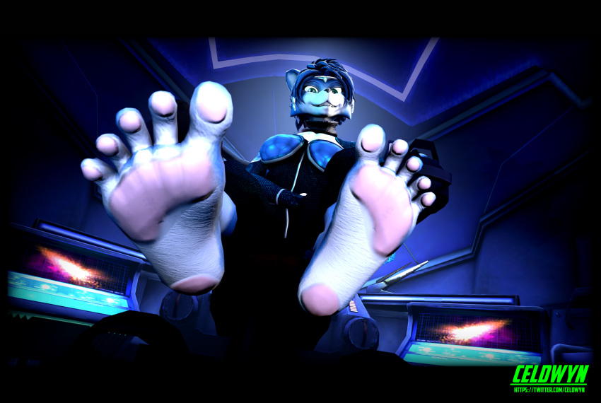 3d_(artwork) anthro black_border border canid canine chappey close-up clothing colored_nails digital_media_(artwork) dim_lighting feet female foot_focus fox hi_res humanoid krystal mammal nails nintendo pawpads presenting seat sitting skinsuit smile solo source_filmmaker spacecraft star_fox teasing teasing_viewer tight_clothing toenails vehicle