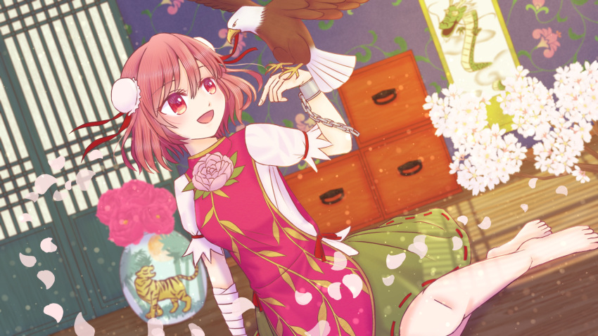 bandaged_arm bandages bird bun_cover cherry_blossoms chinese_clothes cuffs double_bun dragon eagle false_arm false_limb flower hair_bun highres hinoki_dou ibaraki_kasen oriental pink_eyes pink_flower pink_hair pink_rose rose shackles spring_(season) tabard tiger touhou