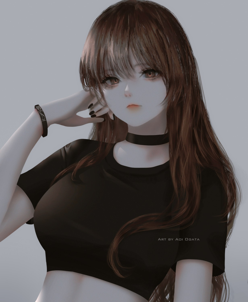 1girl aoi_ogata artist_name black_choker black_nails black_shirt bracelet breasts brown_eyes brown_hair choker clip_studio_paint_(medium) closed_mouth commission crop_top expressionless hand_on_own_face hand_up highres jewelry large_breasts long_hair looking_at_viewer nail_polish original shirt solo